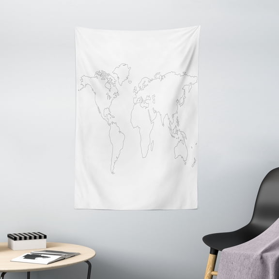 Map Tapestry, Simplistic Design World Map Outline with Thin Black Line Drawing Abstract Continents, Wall Hanging for Bedroom Living Room Dorm Decor, 40W X 60L Inches, Black White, by Ambesonne