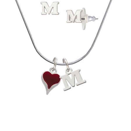 Small Long Maroon Heart – M Initial Charm Necklace and Stud Earrings Jewelry Set