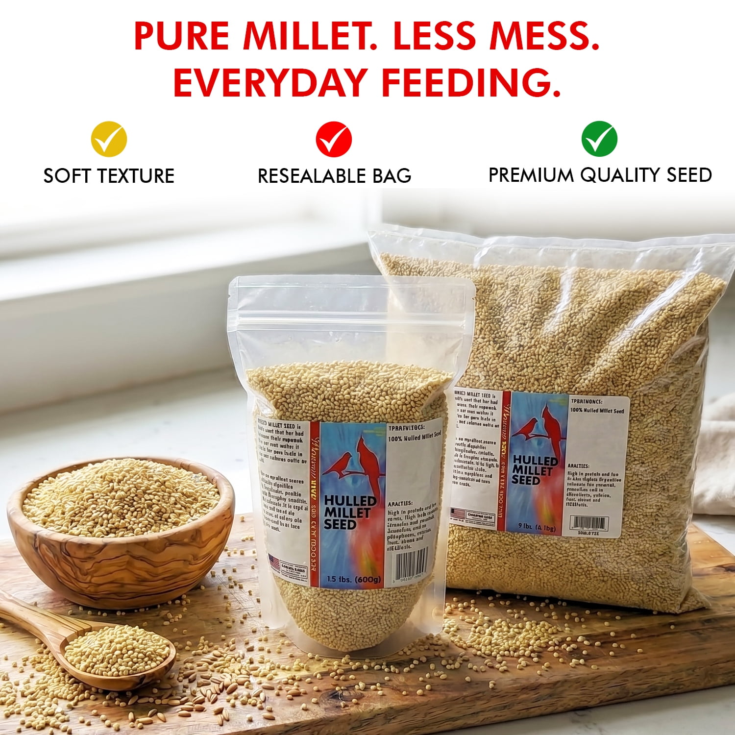 Morning Bird Hulled Millet 18 lbs (2-Pack, 9 lbs Each) – Bird Food for Parakeets, Finches & Canaries – Easy-to-Digest Millet Seed for Daily Nuupplements for Birds, Ideal Bird Feed for All Bird Types,