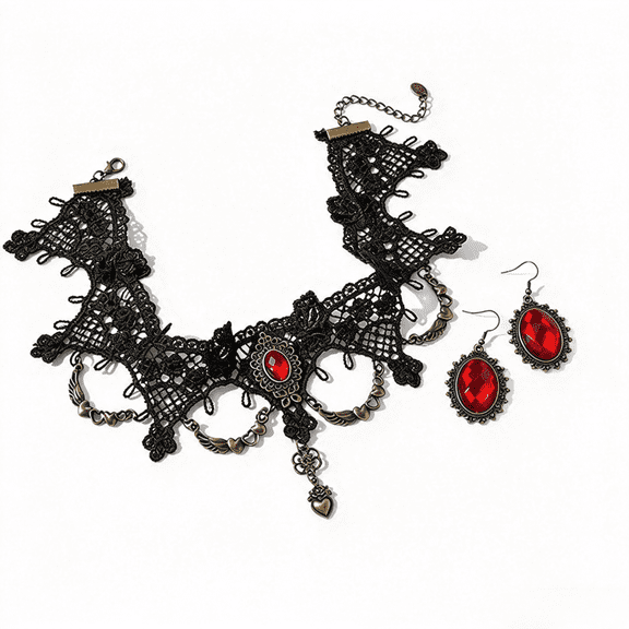BOOTOOL Black Lace Choker Necklace and Earrings Set for Women, Gothic Victorian Collar with Red Accent and Wing Charms, Halloween Cosplay Costume Jewelry