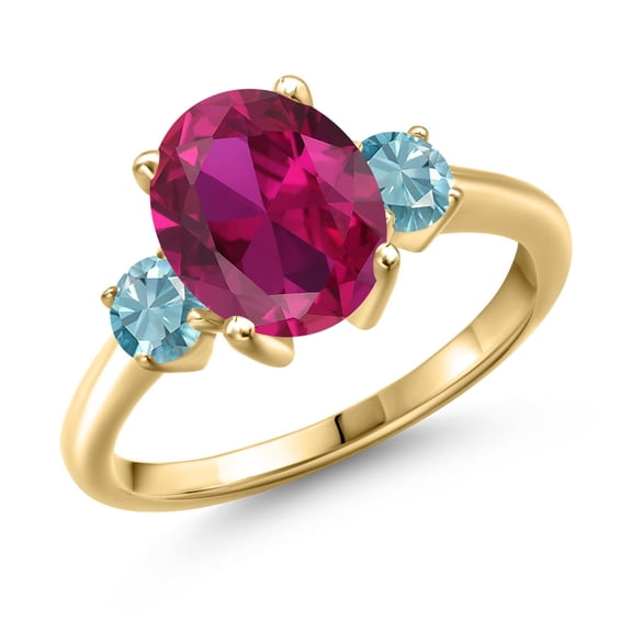 Gem Stone King 4.00 Ct Oval Red Created Ruby Blue Zircon 18K Yellow Gold Plated Silver Ring (Size 9)