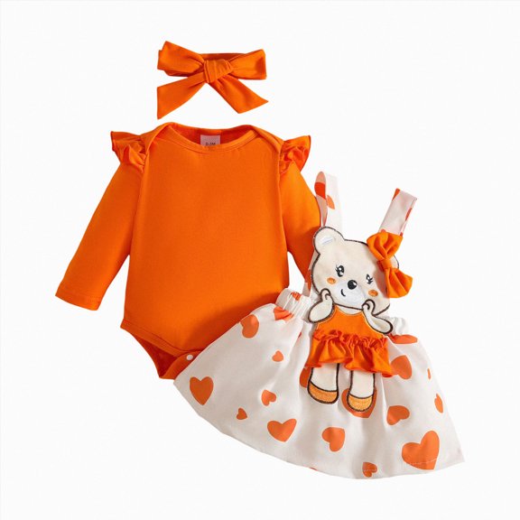 NOLDARES Infant Girl Fall Outfits Baby Girl Romper Suspender Dress Skirt with Headband 3Pcs Festival Clothes(Orange,9-12 M)