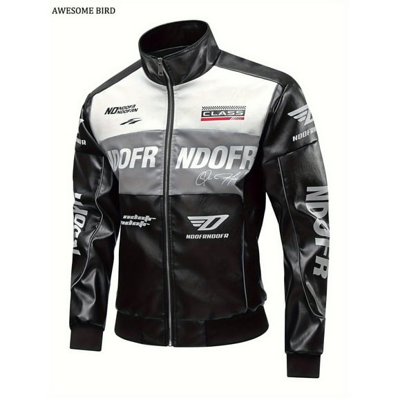 Men's PU Leather Racing Style Zip-up Jacket - Green and Black Color-block, Stand Collar and "HOOD FRENDS" Pattern Print, Casual Streetwear, Casual Clothing, Daily Jacket | Modern Casual Jacket