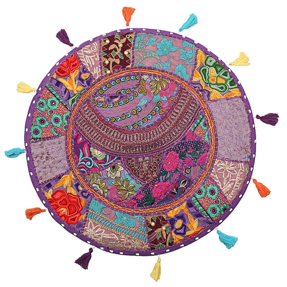 Stylo Culture Indian Round Throw Pillows For Couch Vintage Patchwork Floor Cushion Cover Purple Big Round Floor Pillow 22" Decorative Decor Tuffet Seat Pouf Cover Footstool Cotton Embroidered 1 Pc