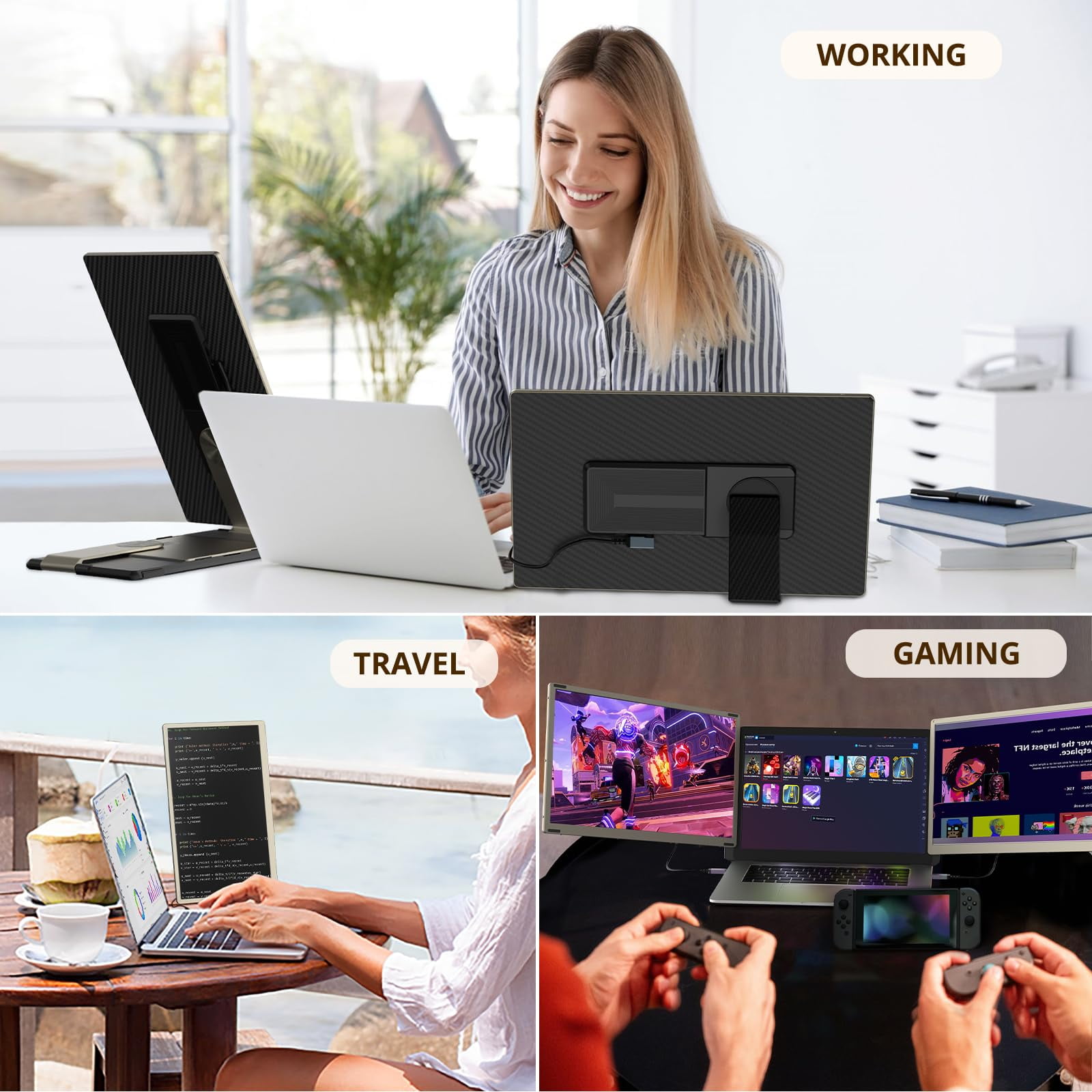 FORKA Laptop Screen Extender Monitor - 15.6" Triple Portable IPS FHD 1080P, Type-C/HDMI, Compatible with Windows & Mac