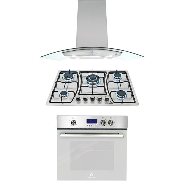 Tricombo Supra parrilla de 5 quemadores en acero inoxidable, campana con cristal curvo en acero inoxidable para Isla y horno eléctrico