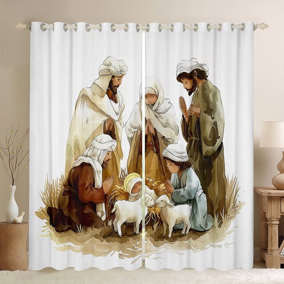 Manfei God's Birth Theme Curtains Pack of 2 (42x84 Each), Merry Christmas Curtains Blackout, Xmas Bedroom Curtains, Luxury Bedroom Decor