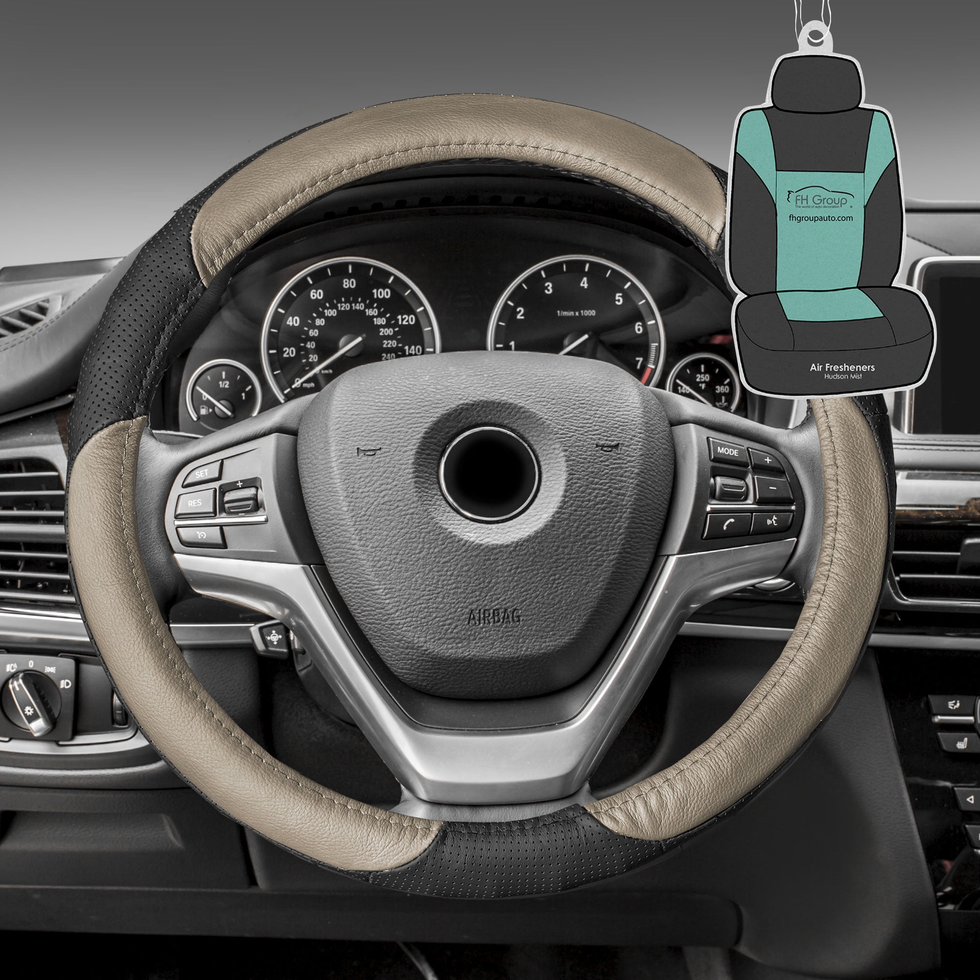FH Group Genuine Perforated Leather Steering Wheel Cover with Bonus Air
