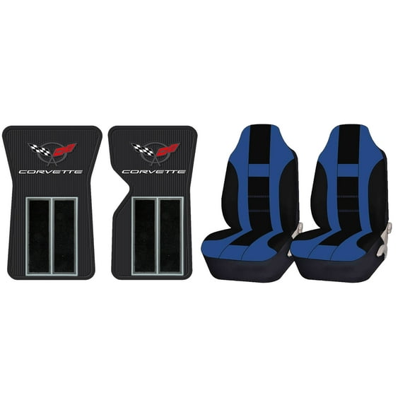 Official Licensed Corvette C3 68-82 Black Floor Mats & UAA Blue/Black Universal High Back Front Seat Covers