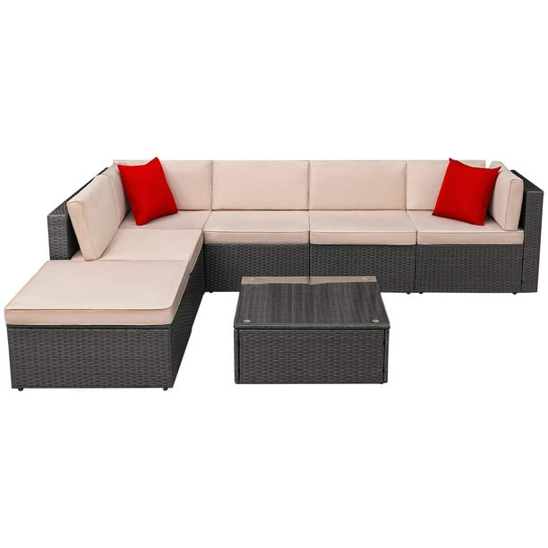 Lacoo 7 Pieces Patio Conversation Set Indoor Outdoor PE Rattan Wicker  Furniture Sectional Sets with Cushions and Table, Beige