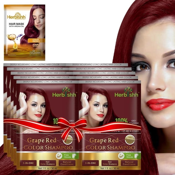 Herbishh Hair Color Shampoo for Grey Hair – Hair Dye Shampoo with Bio-Active Ingredients – Long Lasting Color – Travel-Friendly Pack (10 x 30ml Sachets) 1 Pack Hair Mask Sachets (Grape Red)