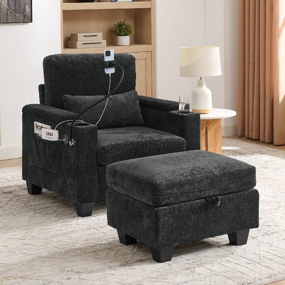 Manual Recliner Chair with Storage Ottoman, Adjustable Backrest Lounge Chair with USB Charging Port, Phone Stand & Hidden Armrest Storage, Black