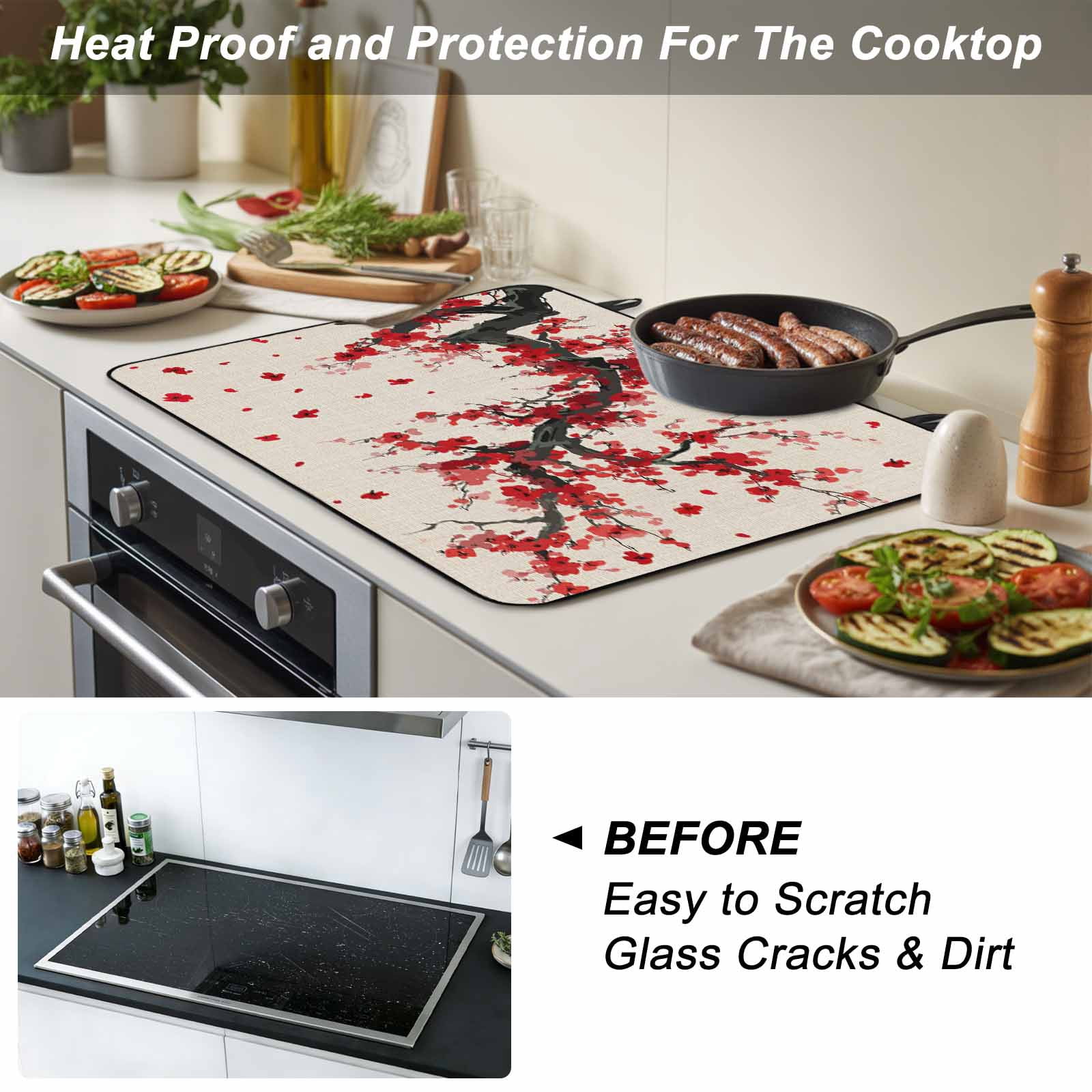 Red Flowers Stove Top Cover for Electric Stove, Heat-proof & Non Slip Glass Top Stove Cover Protector, Vintage Chinese Painting Plum Branches Kitchen Flat Cooktop Rubber Mat 24x21 Inches