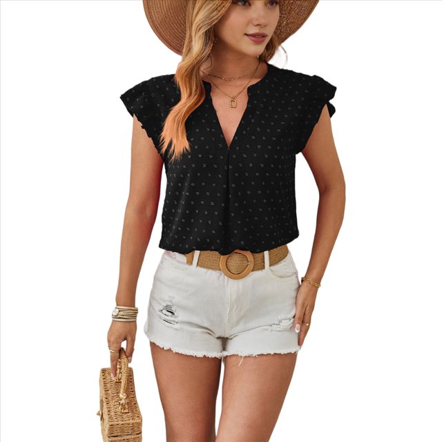 Blusa de Mujer con Cuello en V y Mangas con Volantes, Holgada, Elegante, Informal, , de Verano, Color Negro, Talla L