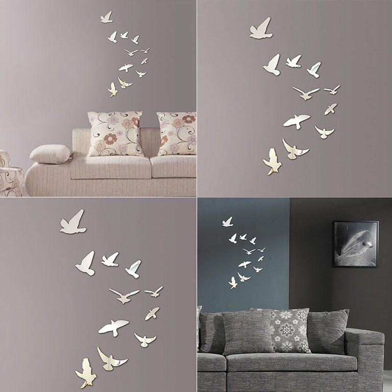 11 PCS Flying Birds Mirror 3D Acrylic DIY Wall Sticker Silver Removable Wall Decal Wall Decoration