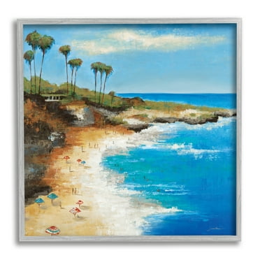 Stupell Industries Summer Beach Cove Nature Painting Gray Framed Art Print Wall Art, 17 x 17