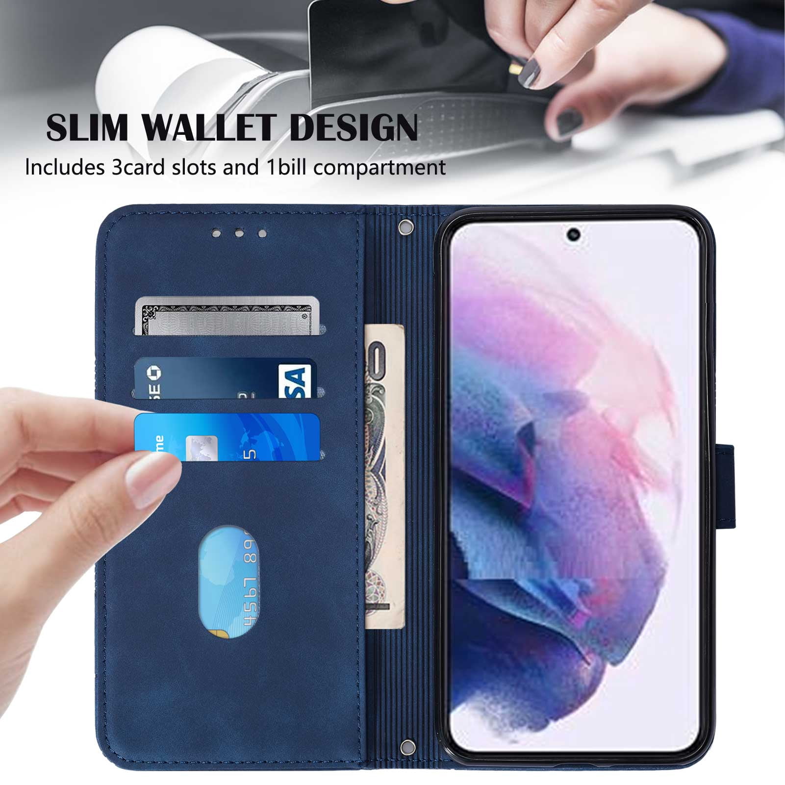 Wallet Phone Case for Galaxy S22 5G Cover, Allytech Detachable Wrist Strap Flip Stand Card Holder Magnetic Clasp Slim Fit Scratch Free Case for Samsung Galaxy S22 2022 (5G), Darkblue