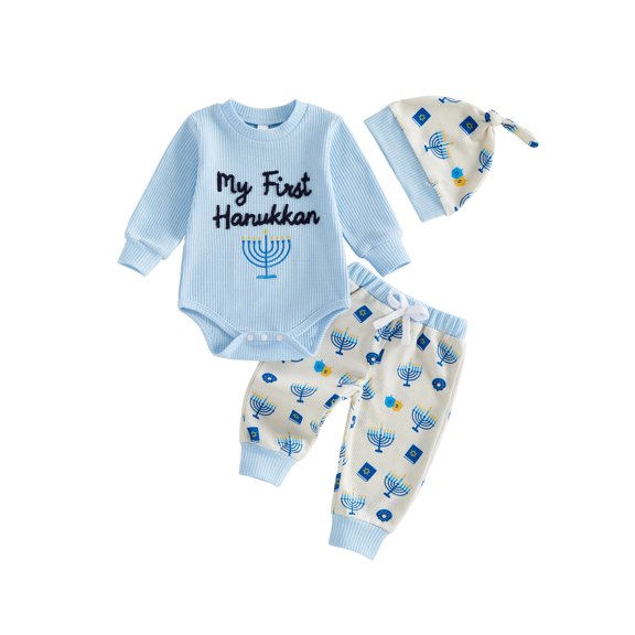 Conjunto para la primera Janucá de bebé niño: Menorá, pelele de manga larga, pantalones y gorro.