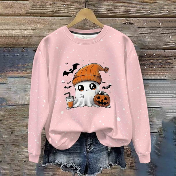 Ailaofu Women's Halloween Printed Round Neck Casual Sports Long Sleeve Sweatshirt Top Sweatshirt Loose Soft Long Sleeve Pullover Tops