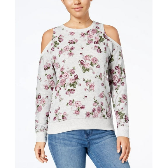 Ultra Flirt Juniors Floral Print Cold Shoulder Sweatshirt Gray Garden M