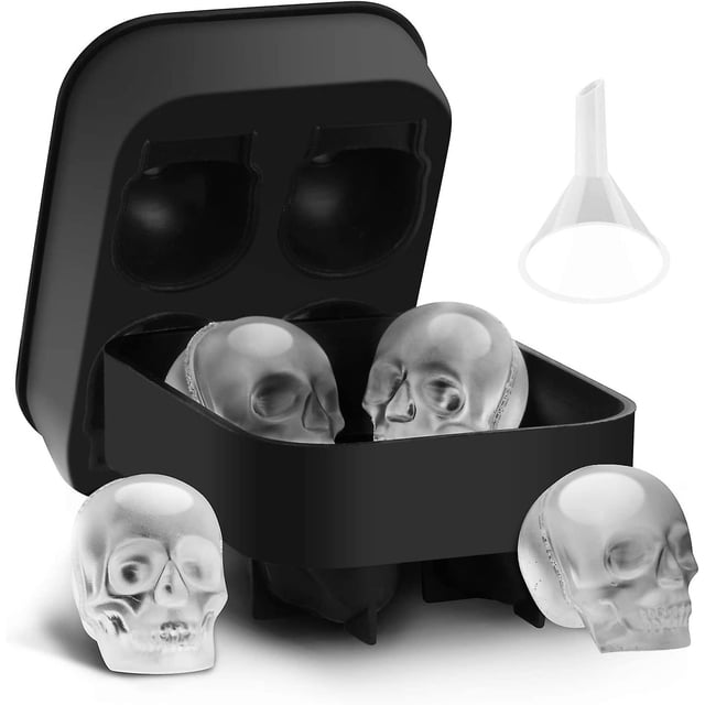 Bandeja para moldes de hielo con forma de calavera 3D, moldes de silicona para cubitos de hielo con forma de calavera y embudo, divertida calavera para cócteles, whisky, bourbon y bebidas frías.