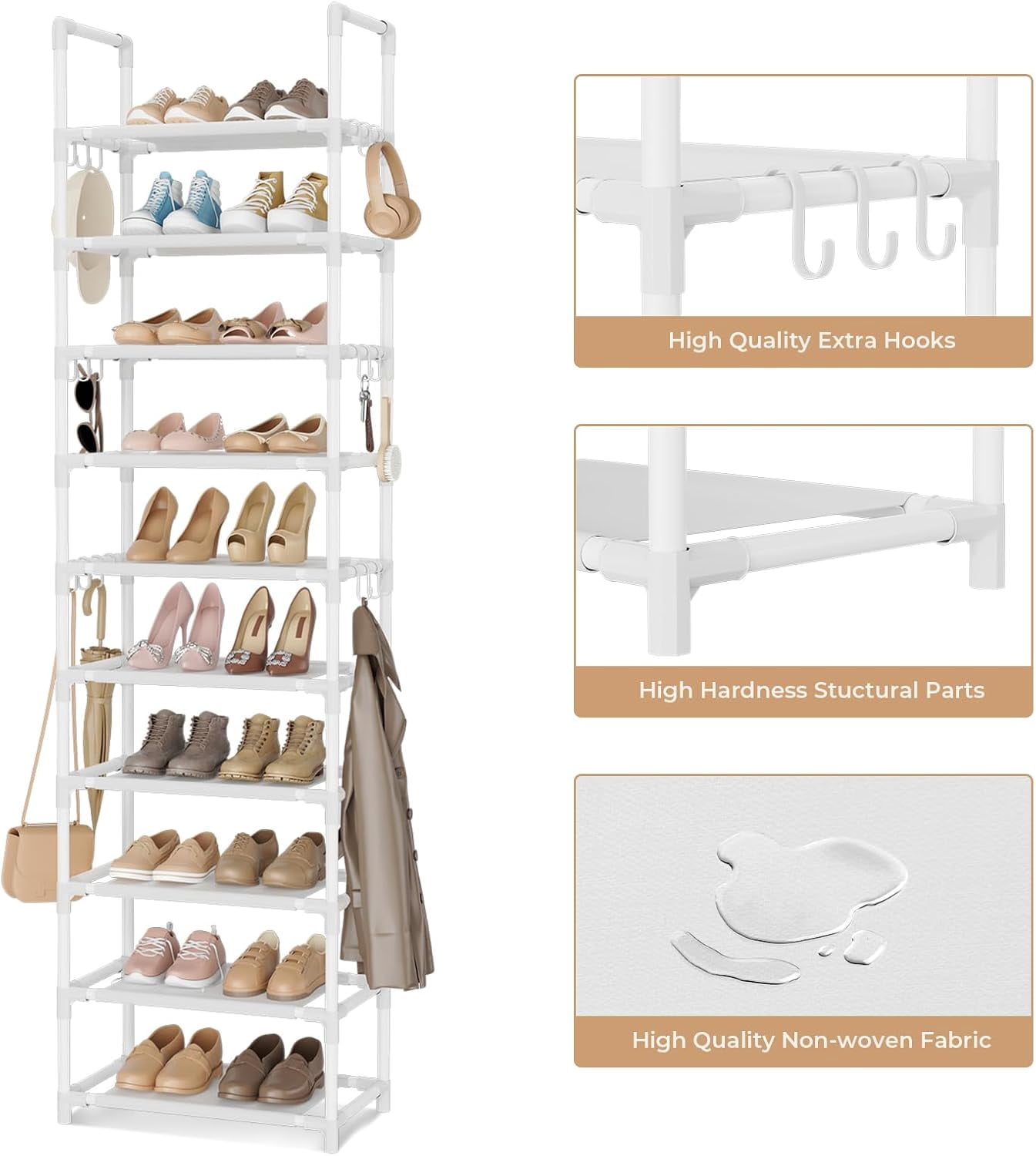 10 Tiers Tall Shoe Rack Holds 20-25 Pairs of Shoes Sturdy Vertical Shoe Organizer with 18pcs Hooks Stackable Narrow Shoe Rack for Closet, Entryway White