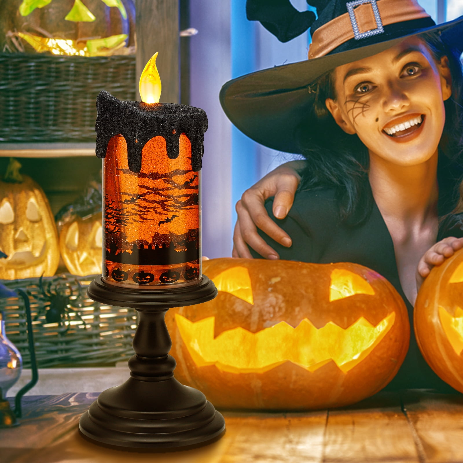 Halloween Snow Globe Candles Lighted Lamp, Lighted Flameless Candles with Water Glitter Swirls and Spooky Moving,Battery Operated