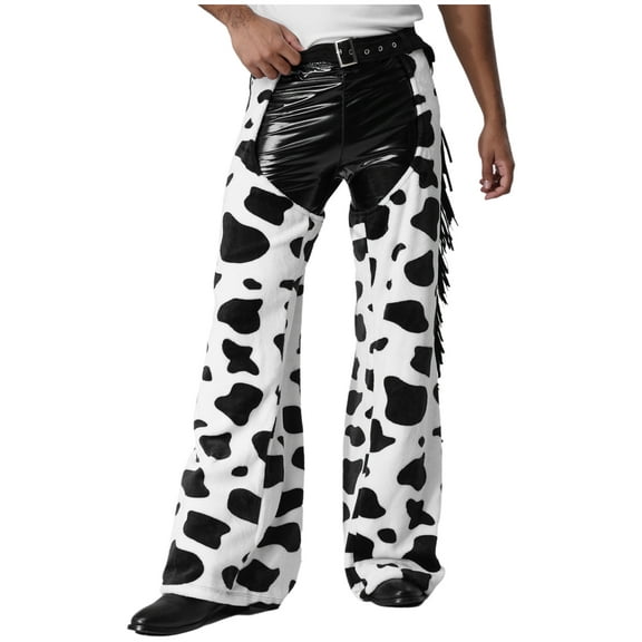 Aislor Mens Suede Fringe Western Cowboy Chaps Flannel Pants Halloween Cosplay Costume Black White XXL