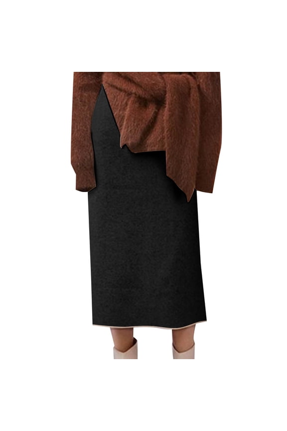 Women's Winter Wool Skirt Mid Length Woolen Skirt Thick Skirt Retro High Waist Bodycon Midi A-line Skirt Black M