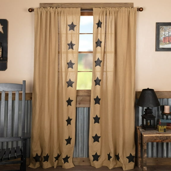 Primitive 84"x40" Stars Panel Pair Tan Rod Pocket Tie Window Curtains