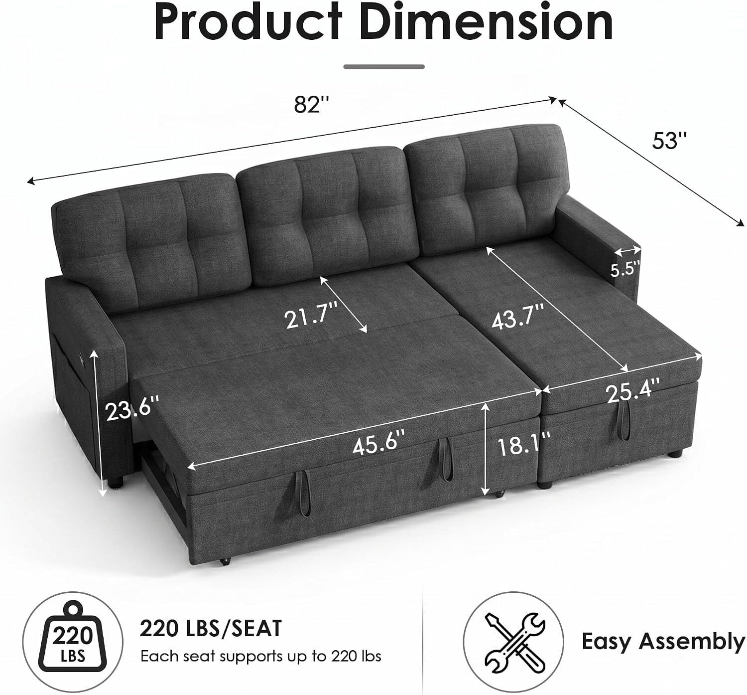 EPOWP 82" Sectional Sofa Bed, L-Shaped Sleeper Pull Out Couch with Storage Chaise & USB Charging Ports, Linen Fabric for Small Apartment Living Room,Dark Grey