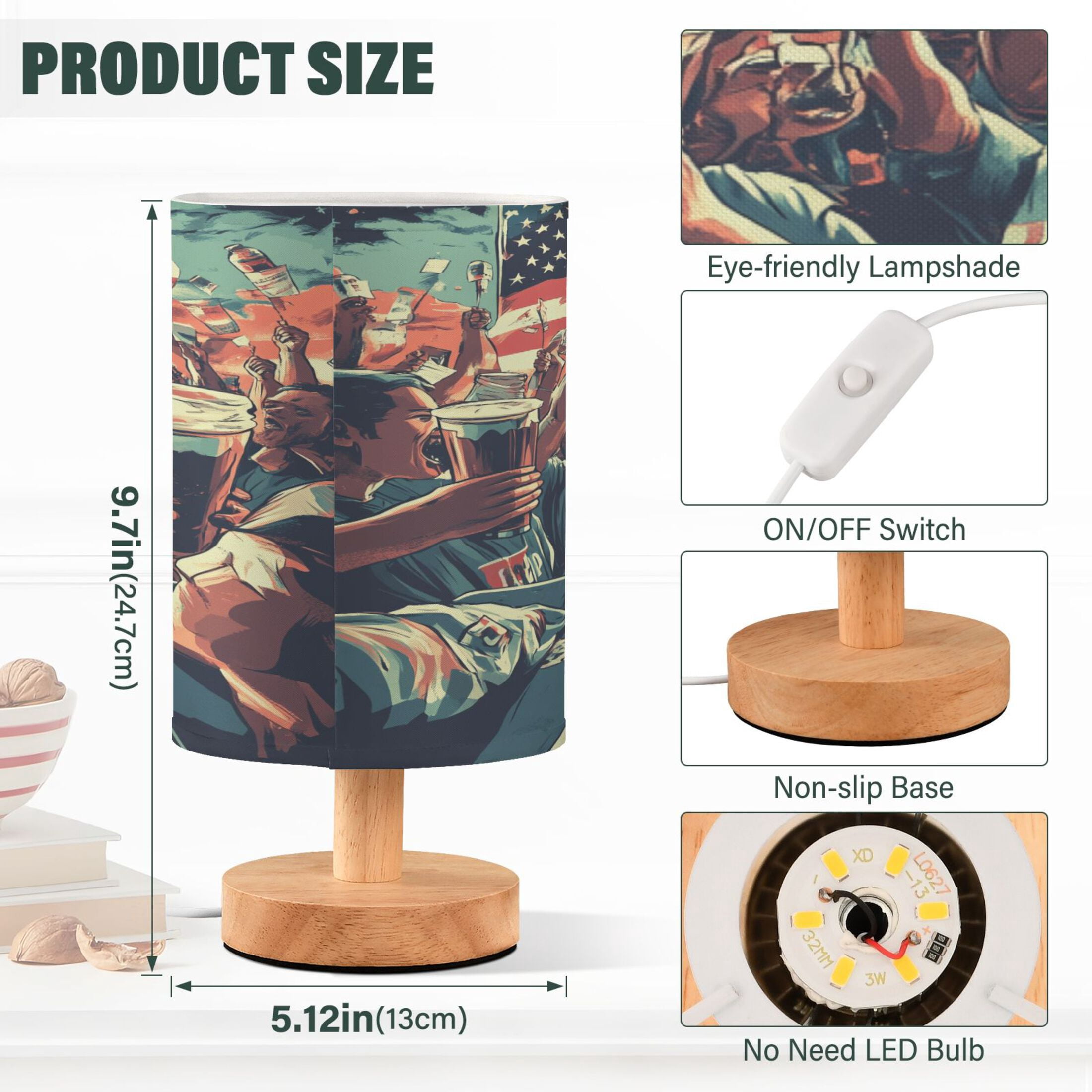 Bedside Desk Lamp LED People Cheering with Beer Table Nightstand Lamps Warm Light Fabric Lampshade for Home Bedroom Office Living Room Decor