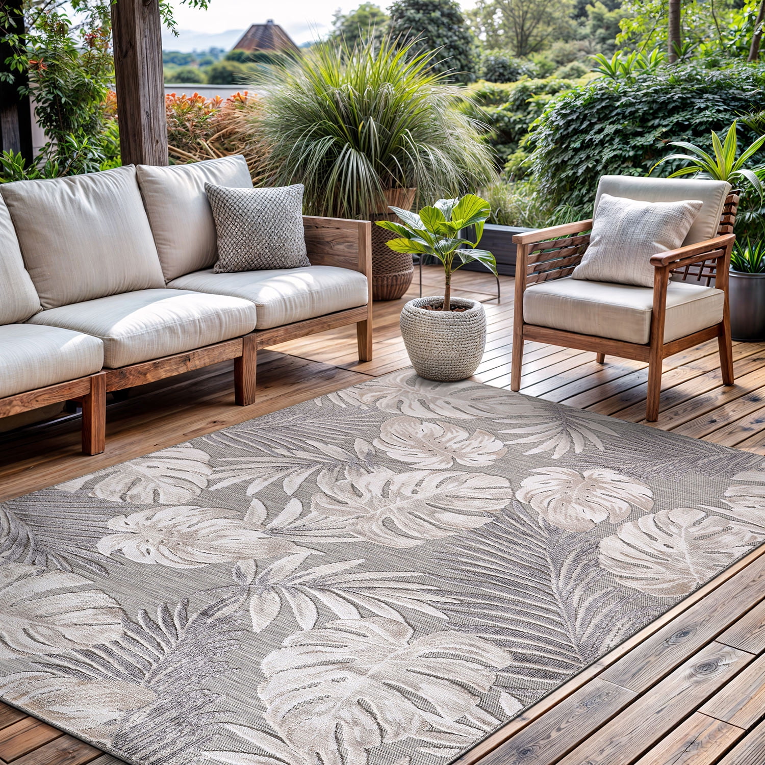CAMILSON Spring Leaf Tropical Botanical Easy-Cleaning Non-Shedding Washable Outdoor Indoor Area Rug Beige 8x10