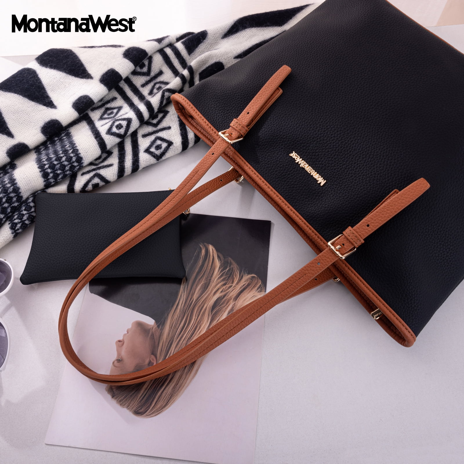 Montana West Tote Bags Vegan Leather Purses and Handbags for Women Top Handle Ladies Shoulder Bags, A-Black