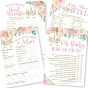 50 Unicorn Baby Shower Games For Girls - 4 Games Double Sided, Baby Prediction And Advice Cards, Baby Trivia, True Or False Baby Shower Game, Baby Word Scramble Baby Shower Game To Play