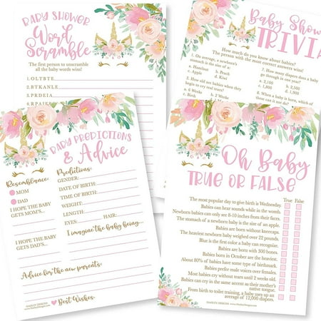 50 Unicorn Baby Shower Games For Girls - 4 Games Double Sided, Baby Prediction And Advice Cards, Baby Trivia, True Or False Baby Shower Game, Baby Word Scramble Baby Shower Game To Play