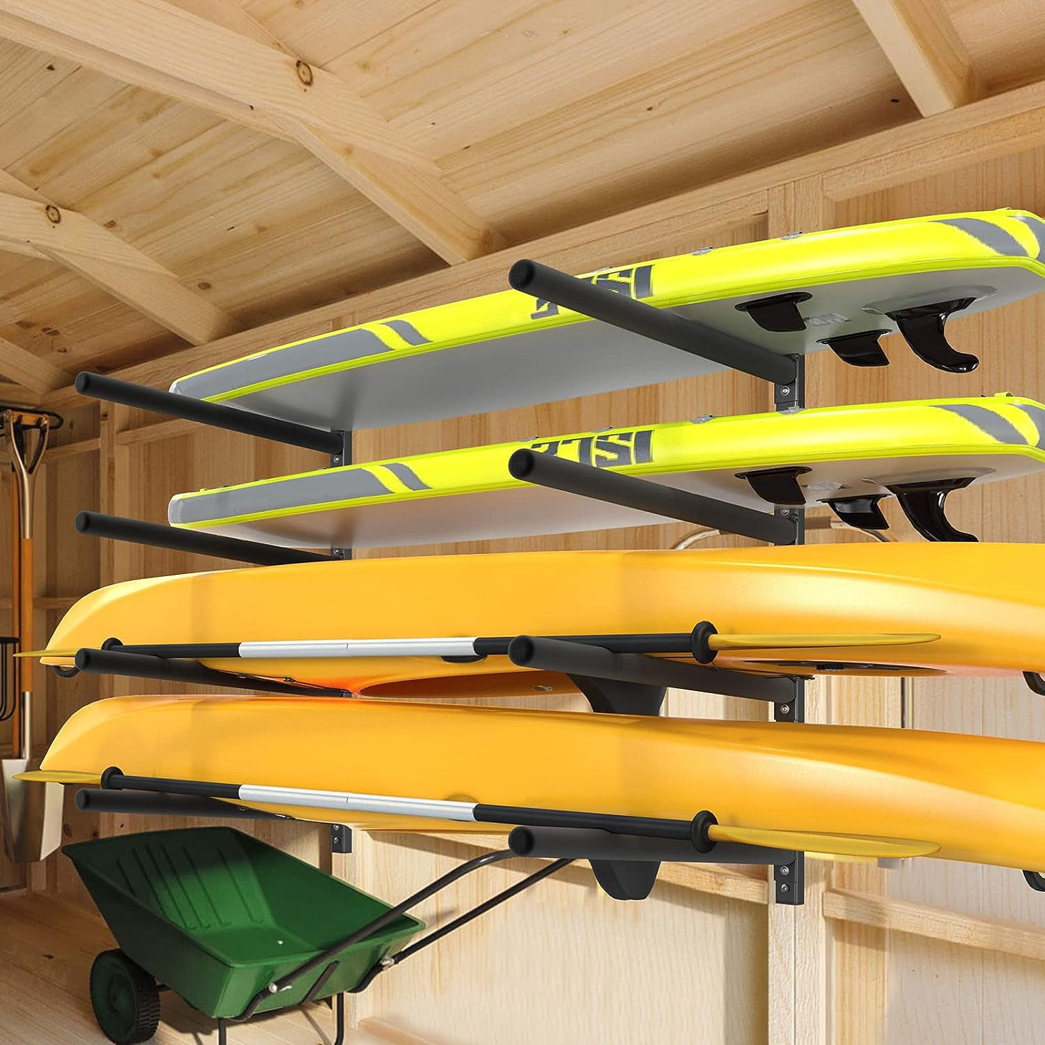 Bonnlo Kayak Wall Mount Rack for 3 Kayaks or 4 Paddle Boards with Adjustable Supports, Kayak Paddle Holder for Garage Storage, Shed Shelving Weight Capacity 550 LBS Spacesaver