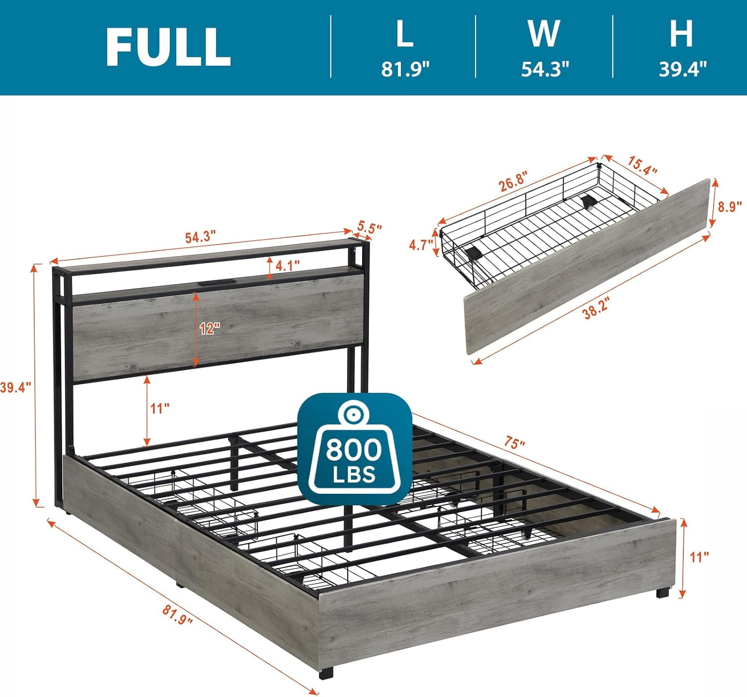AENKYO Full Size Bed Frame with LED Lights and Charging Station, and 4 Drawers, Rustic Gray