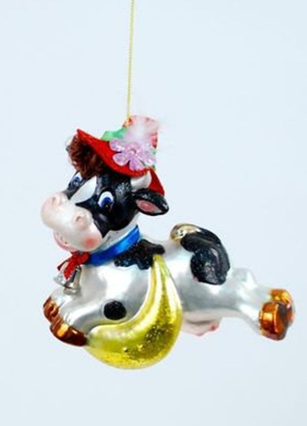 Blown Glass "Cow Jumped Over The Moon" Christmas Ornament Nursery Baby NEW 