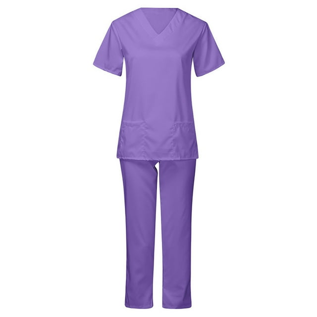 Ensemble de Sarraus pour Femmes, Haut de Sarrau à Col en V Extensible et Pantalon à Taille Élastique avec Multiples Poches, Anti-Froissement, Doux, Ensemble d'Uniforme d'Infirmière à Manches Courtes, Tenue d'Infirmière, Ensemble d'Uniforme de Travail, Violet