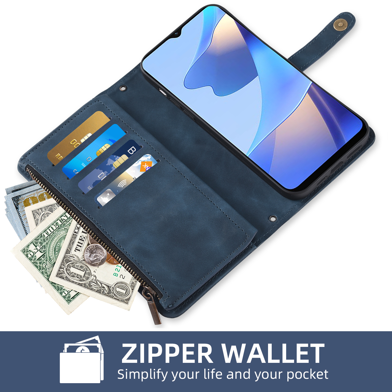 Asuwish Phone Case for Samsung Galaxy A16 5G/4G Wallet Cover With Tempered Glass Screen Protector Crossbody Wrist Strap Flip Pattern Zipper Credit Card Holder Stand Cell A 16 16A SM-A166U Women Blue