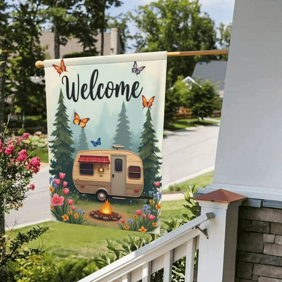 Spring Garden Flag Double Sided Happy Camper Trailer Colorful Flower Butterfly 12X18 Vertical Double Sided Farmhouse Holiday Outside Decorations Yard Flag