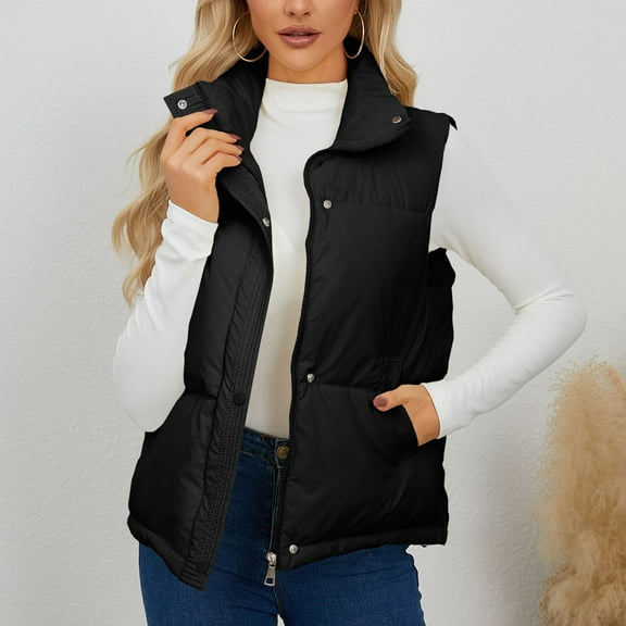 Fanxing Puffer Vest Women Lightweight Full-Zip Stand Collar Sleeveless Quilted Jacket Warm Winter Coat Padded Down Outerwear Black M