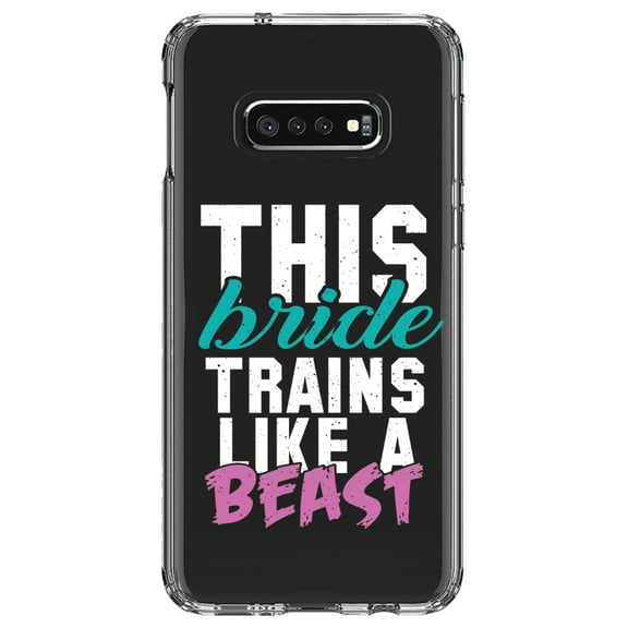 DistinctInk Clear Shockproof Hybrid Case for Samsung Galaxy S10e (5.8" Screen) - TPU Bumper Acrylic Back Tempered Glass Screen Protector - This Bride Trains Like a Beast