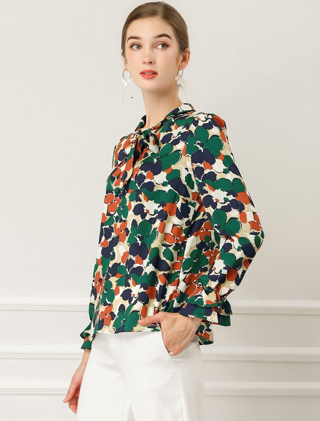 DARING DIVA Women's Tie V Neck Floral Shirt Trumpet Blouse XS Green