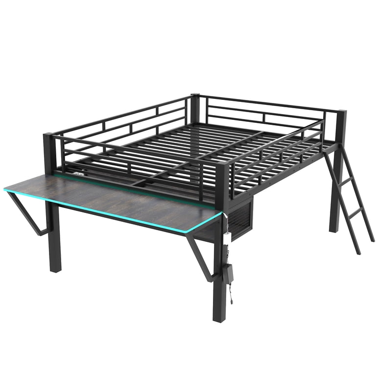 Euroco Full Loft Bed with Desk, LED Light and Storage, Black photo 8
