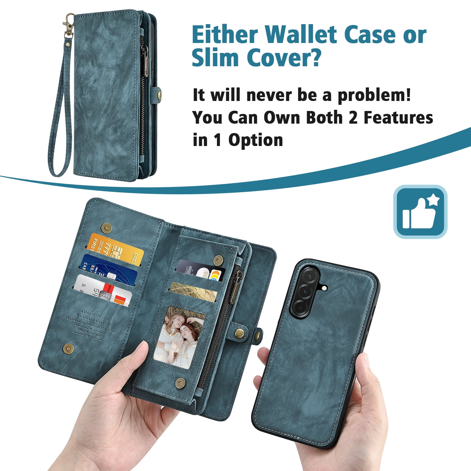 Asuwish Phone Case for Samsung Galaxy A36 5G Zipper Wallet Detachable Cell Cover with Tempered Glass Screen Protector Crossbody Lanyard Strap Flip Card Holder A 36 36A LTE SM-A366U Women Girls Blue