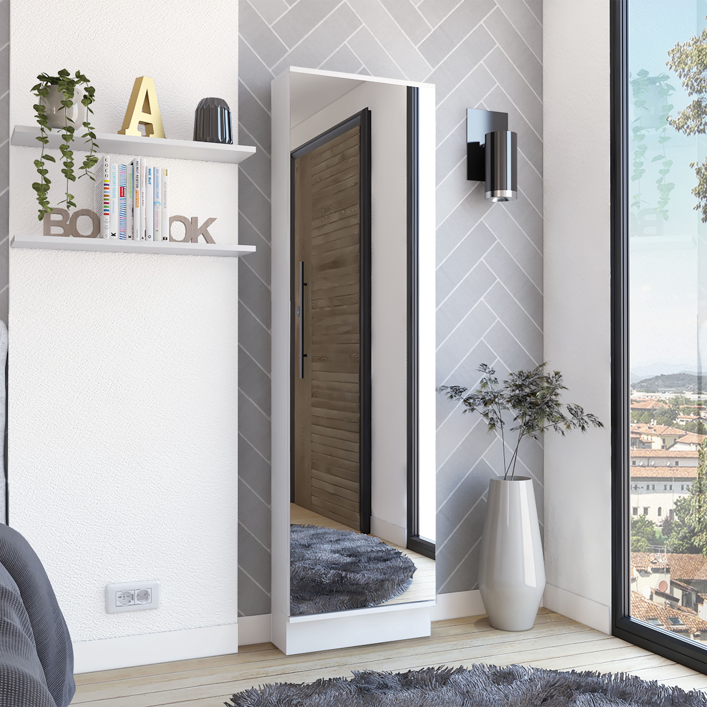 Leto XL Shoe Rack with Full-Length Mirror, Five Interior Shelves, Single-Door Cabinet