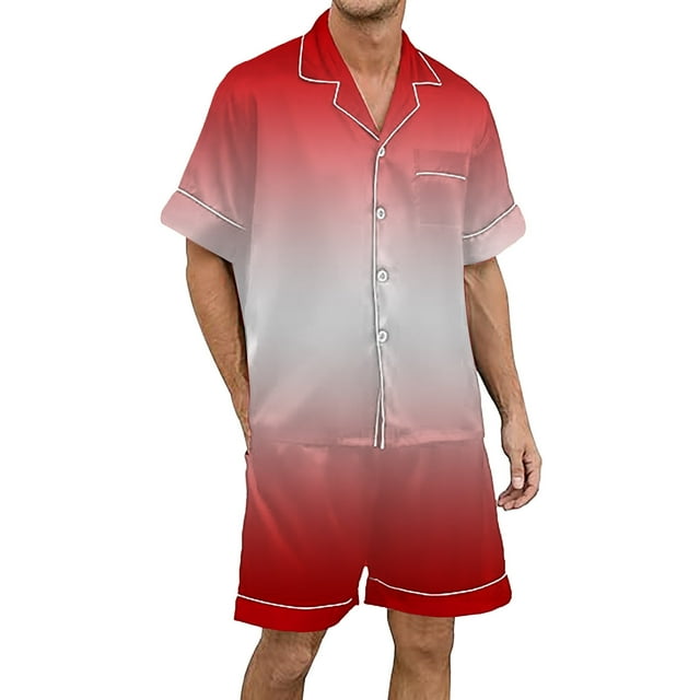 Men's Gradient Printed Silk Satin Short Sleeve Button Up Pajama Loungewear Set for Comfortable Sleep