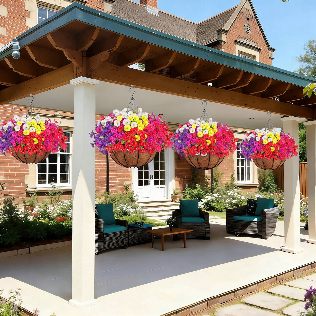 AcerichFad Artificial Hanging Flowers, 12 PCS Outdoors Fake Flowers Faux Plants with Coconut Lining Basket for Spring Summer Home Decoration, Multicolor